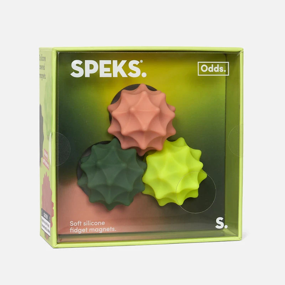 Boxed Speks Odds fidget magnets with three spiky silicone spheres in pink, dark green, and yellow.