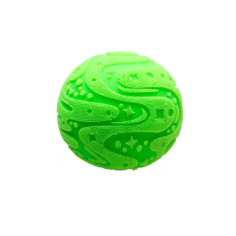 A bright green textured sensory ball with fuzzy patterns on a white background.