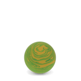 A lime green and yellow marbled bouncy ball centered in the lower half of a white background.