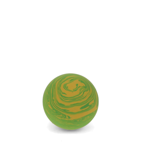 A lime green and yellow marbled bouncy ball centered in the lower half of a white background.
