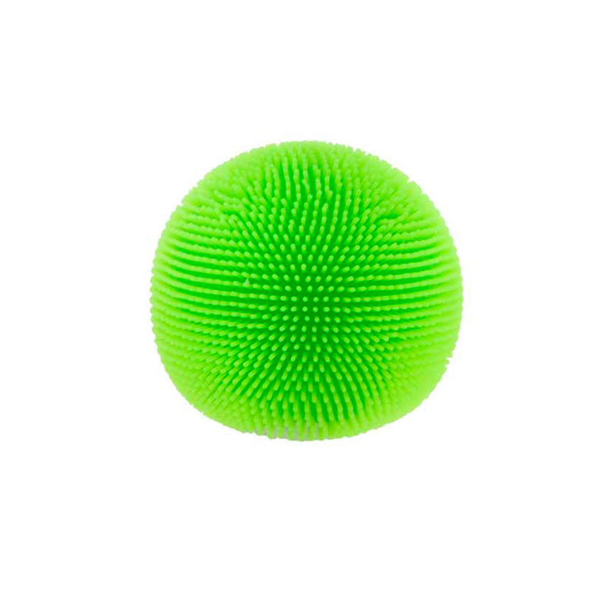 A bright green, fuzzy sensory ball covered in soft rubber spikes against a plain white background.