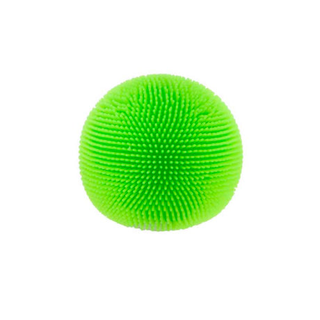 A bright green, fuzzy sensory ball covered in soft rubber spikes against a plain white background.