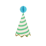 Green and white striped party hat with a blue honeycomb pom-pom and gold scalloped trim on a white background.