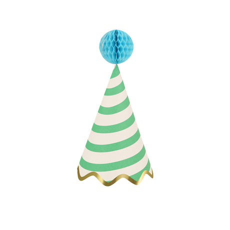 Green and white striped party hat with a blue honeycomb pom-pom and gold scalloped trim on a white background.