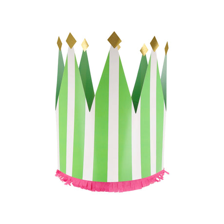 Green and white striped paper party crown with gold glitter tips and pink fringe detail on a white background.