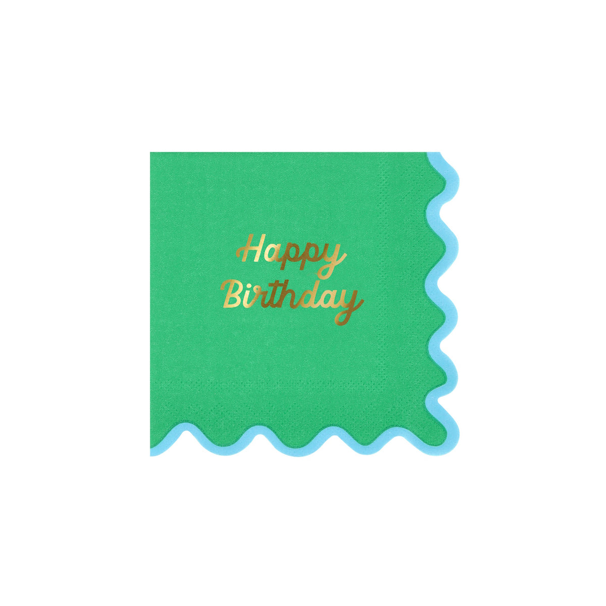 A green square napkin with a blue wavy border and gold script text that reads "Happy Birthday".