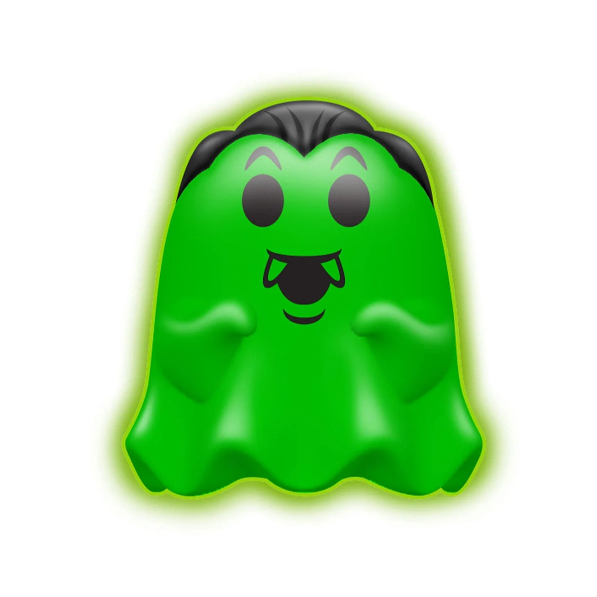 NeeDoh Glowy Ghost green vampire stress toy with a glowing aura, black hair, and fangs on a white background.