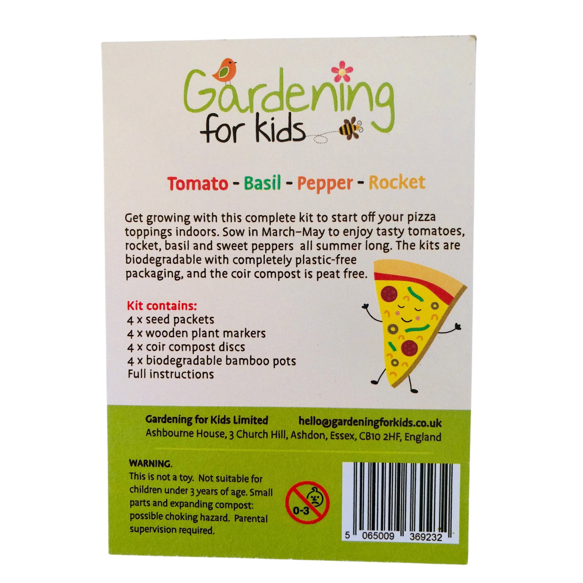 Back packaging of a Gardening for Kids pizza toppings kit, detailing contents and growing instructions.