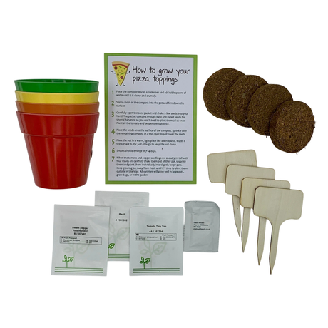 Pizza topping grow kit with colorful pots, soil discs, seed packets, wooden plant markers, and instructions.