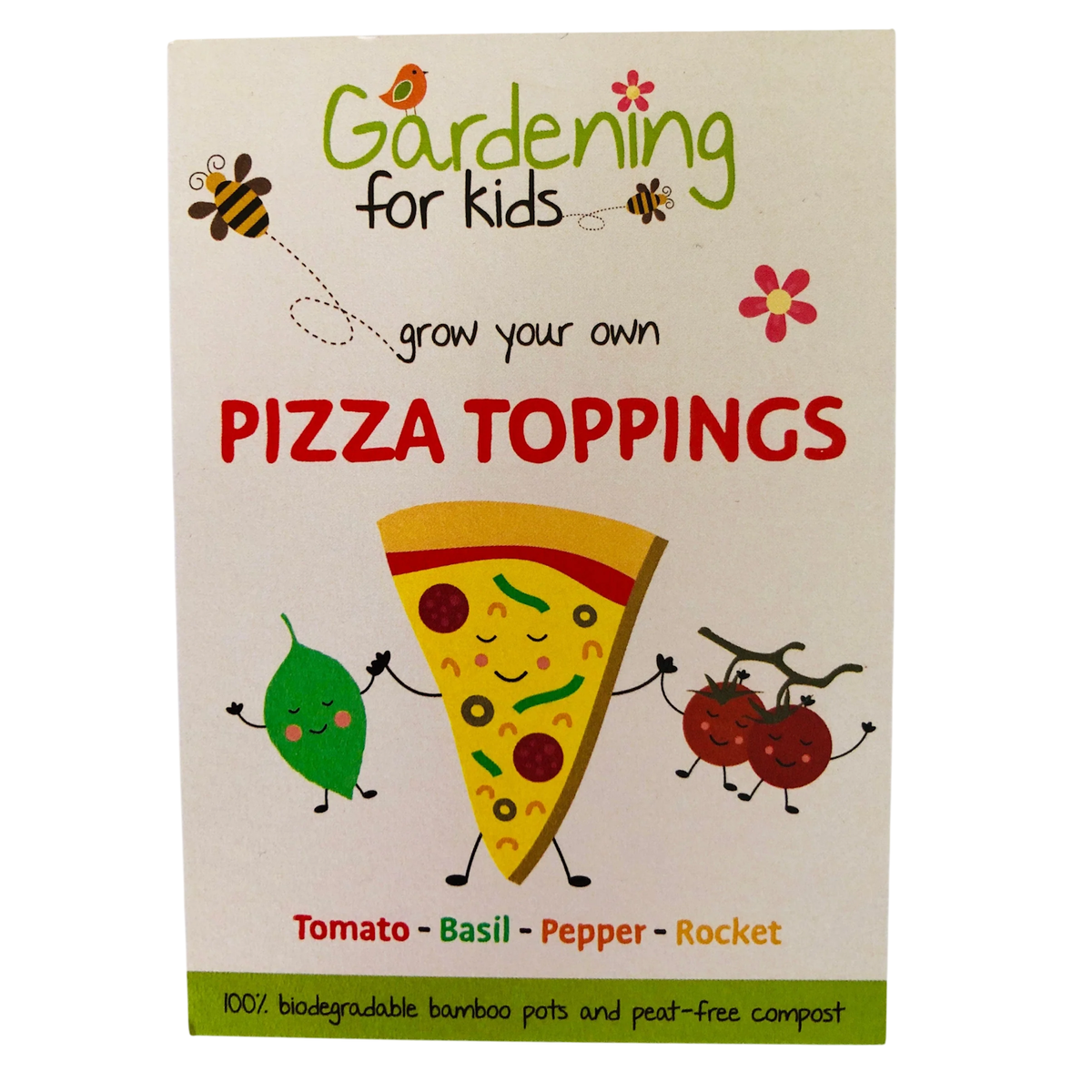 Gardening for Kids Grow Your Own Pizza Toppings kit with cartoon pizza slice, leaf, and tomatoes.