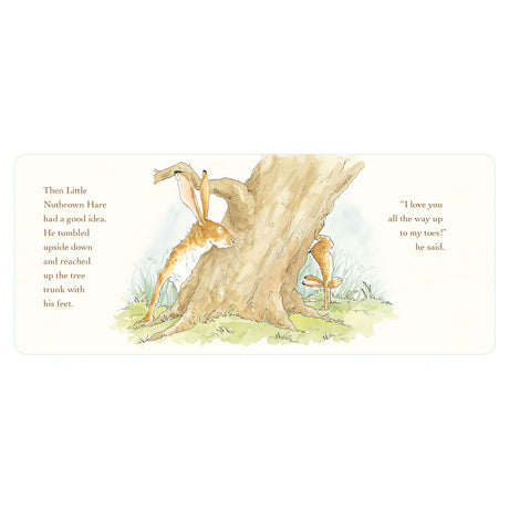Illustration of a small hare hanging upside down from a tree trunk, with soft pastel colors conveying playfulness and affection. Text reads, “Then Little Nutbrown Hare had a good idea. He tumbled upside down and reached up the tree trunk with his feet.