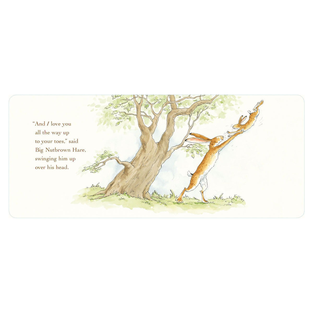 Big Nutbrown Hare joyfully lifts Little Nutbrown Hare by a tree. Text reads: "And I love you all the way up to your toes." Gentle, loving scene.