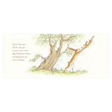 Big Nutbrown Hare joyfully lifts Little Nutbrown Hare by a tree. Text reads: "And I love you all the way up to your toes." Gentle, loving scene.