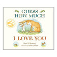 Cover of "Guess How Much I Love You" by Sam McBratney, illustrated by Anita Jeram. Features two hares, one large and one small, expressing affection.