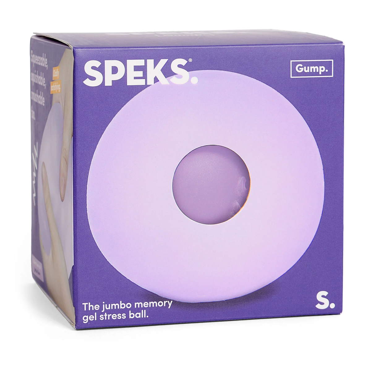 A purple box displaying a round, lavender gel stress ball labeled "SPEKS Gump." Text reads "The jumbo memory gel stress ball." Tone is playful and calming.