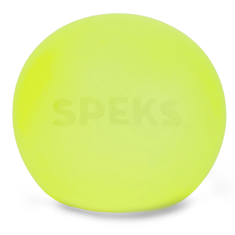 Bright yellow round object with subtle embossed text "SPEKS" on it. The smooth, soft surface suggests a playful and cheerful tone.