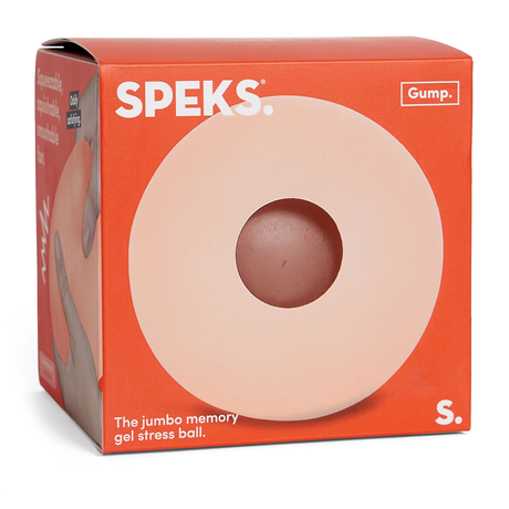 Box for a Speks jumbo memory gel stress ball with a red-orange design. The front shows a circular tan ball with a central indentation, exuding a calming vibe.
