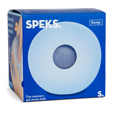 Packaging for Speks memory gel stress ball. Blue box features large, light blue circle design and product name. Text: "Squeezable, squishable."