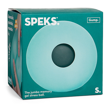 Box of a Speks jumbo memory gel stress ball, featuring a turquoise design with a large circular cutout. Text: "Squeezable, squishable, smooshable fun."