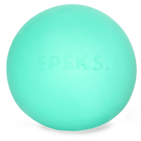 Turquoise stress ball with "Speks." subtly embossed on its surface. The ball has a smooth texture, conveying a calm, relaxing feel.