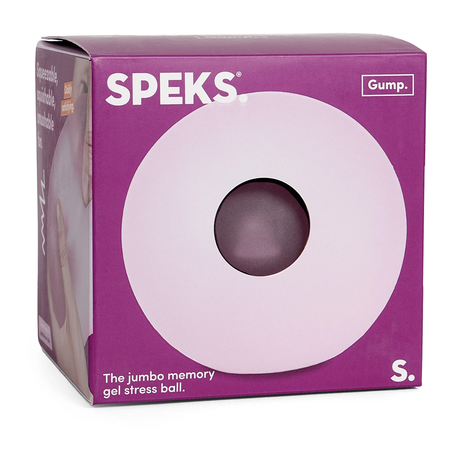 Purple box for Speks jumbo memory gel stress ball. Features circular window showing product. Text highlights squeezable, sensory attributes.