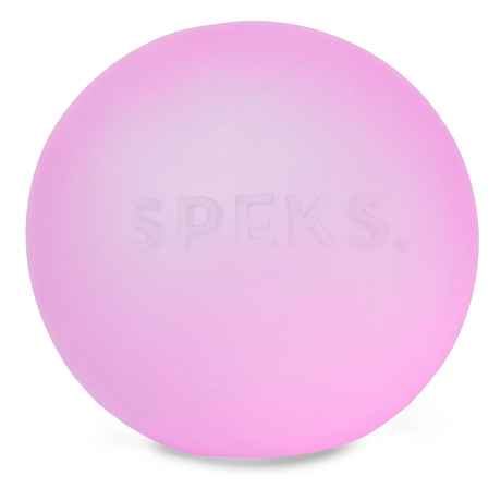 A soft pink stress ball with the word "SPEKS." embossed on its surface. It has a smooth texture and conveys a sense of calm and relaxation.