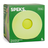 Green box with "SPEKS" branding contains a lime green circular stress ball. Text reads "The jumbo memory gel stress ball." Simple and calming design.