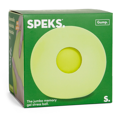Green box with "SPEKS" branding contains a lime green circular stress ball. Text reads "The jumbo memory gel stress ball." Simple and calming design.