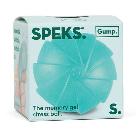 Packaging for a Speks memory gel stress ball. Shows a teal stress ball with spiral grooves, the brand name on top, and text describing the product.