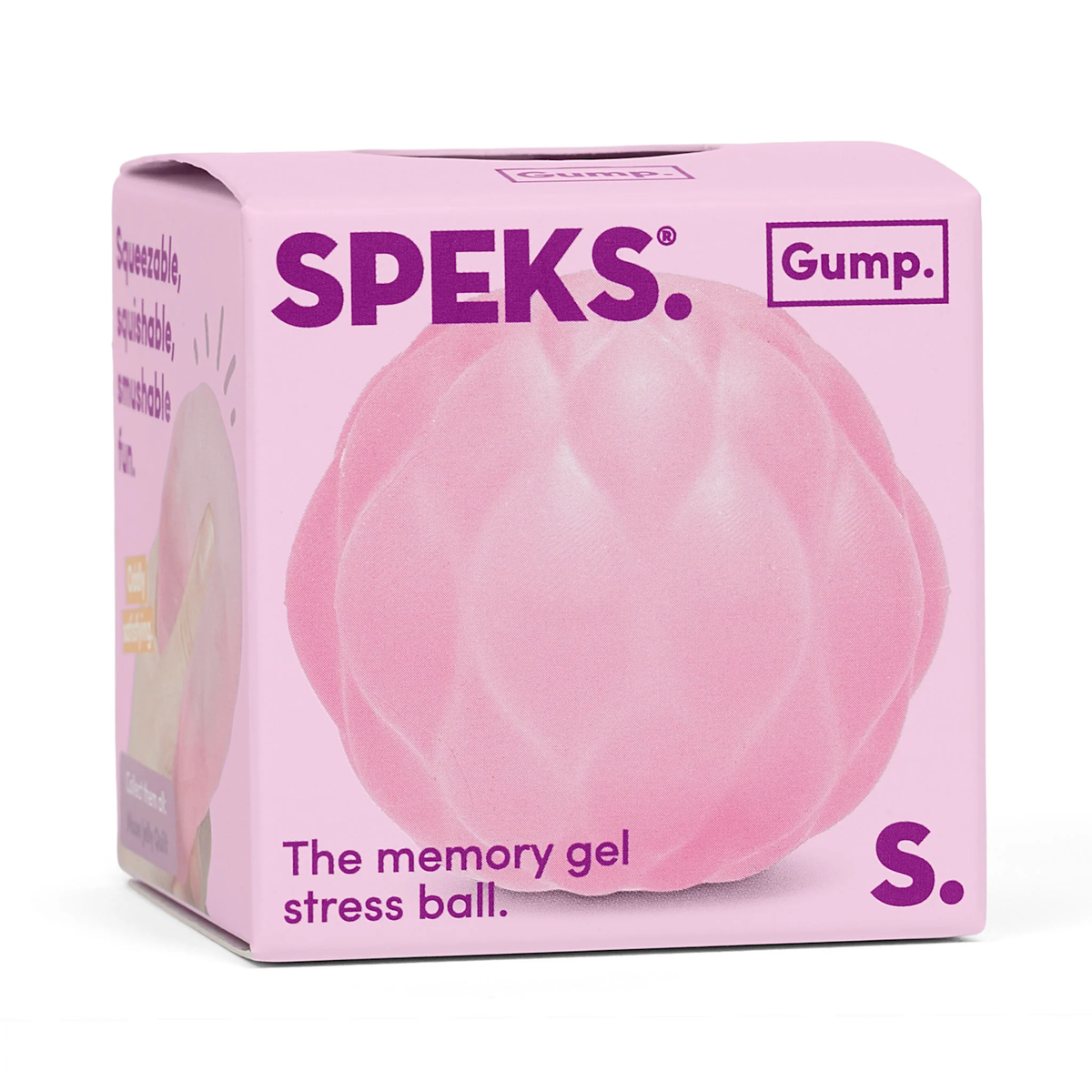 Pink packaging for a stress ball by Speks, labeled "Gump." Features a pink textured ball image and text "The memory gel stress ball." Mood is playful and calming.