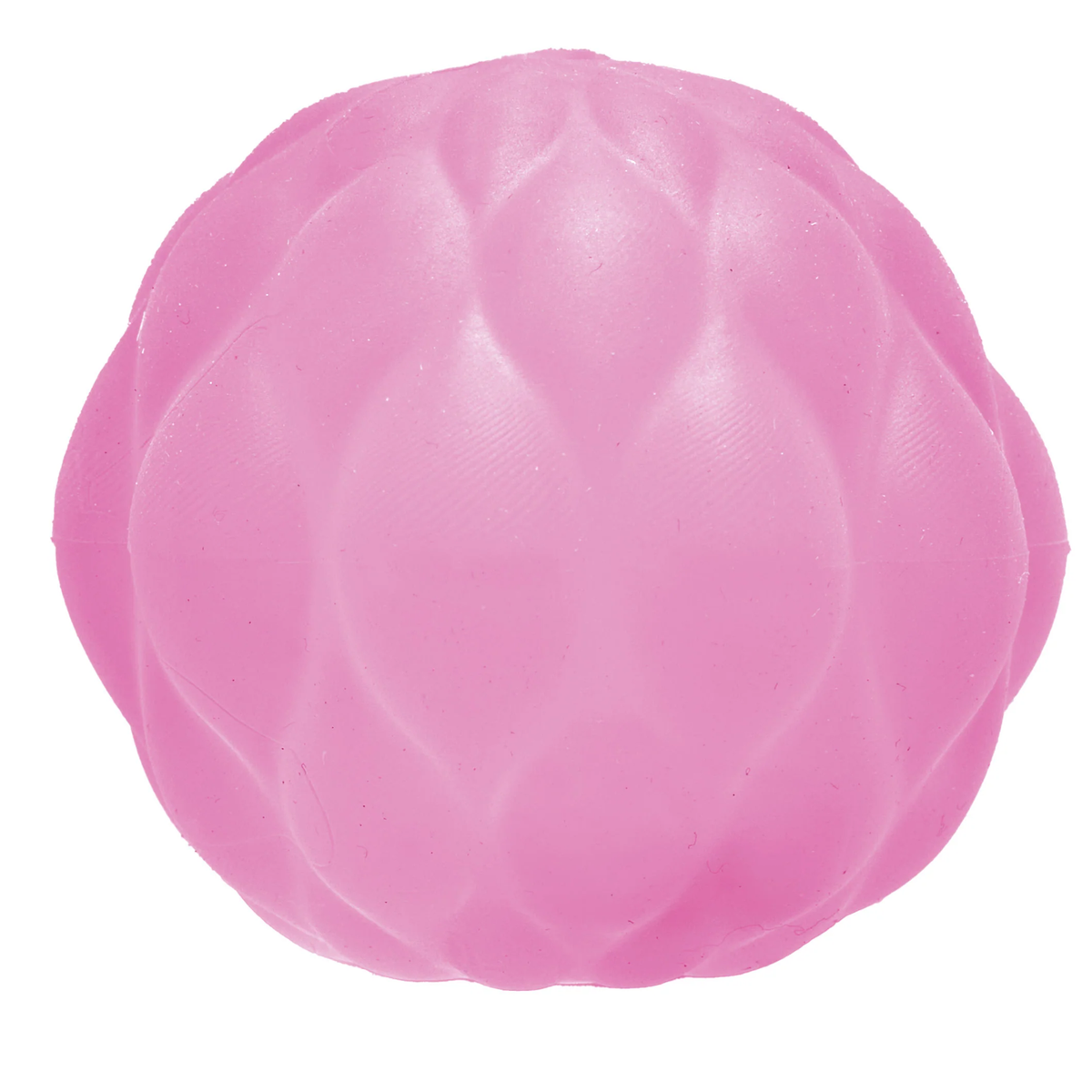 Pink rubber ball with a textured, wavy surface. The ball is round and has a smooth, soft appearance, conveying a playful and casual tone.