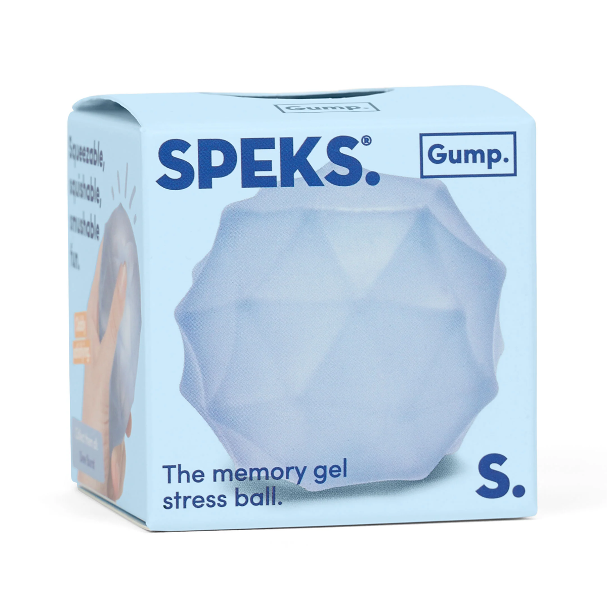 Blue box with "SPEKS" and "Gump" labels. Features a textured memory gel stress ball image and text stating "The memory gel stress ball."