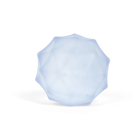 A translucent, light blue, geometric sphere with faceted surfaces sits centered on a white background. It conveys a modern and minimalist feel.