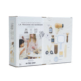 Packaging box for a wooden barber and salon play set with product photos and labeled pieces.