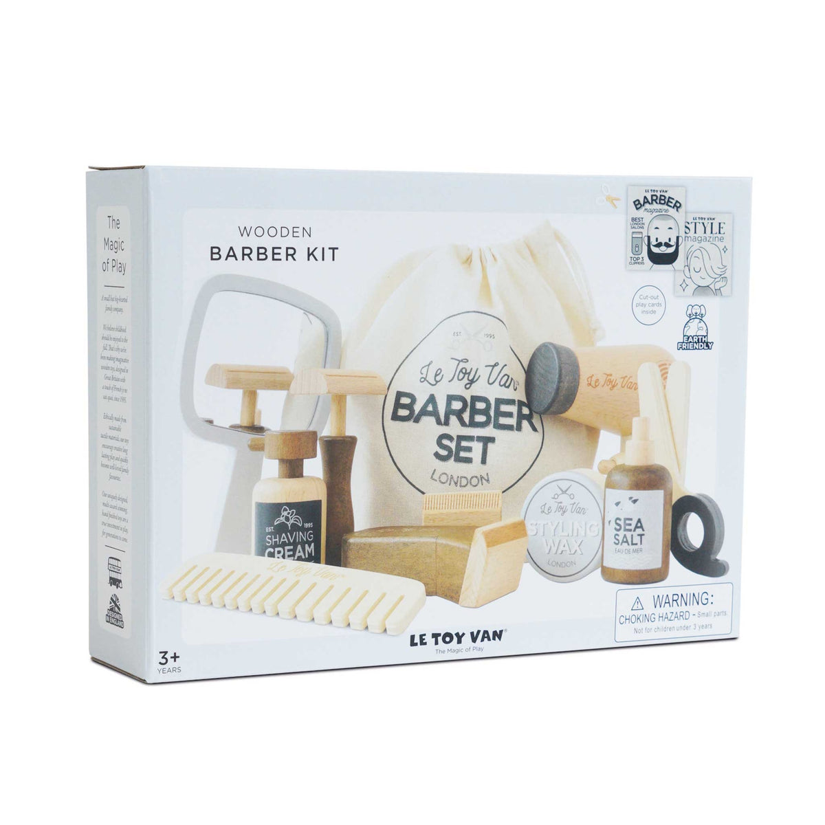 Packaging box for Le Toy Van wooden barber kit featuring product photo and branding details.