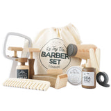 Wooden toy barber set with accessories, hairdryer, mirror, and drawstring storage bag.