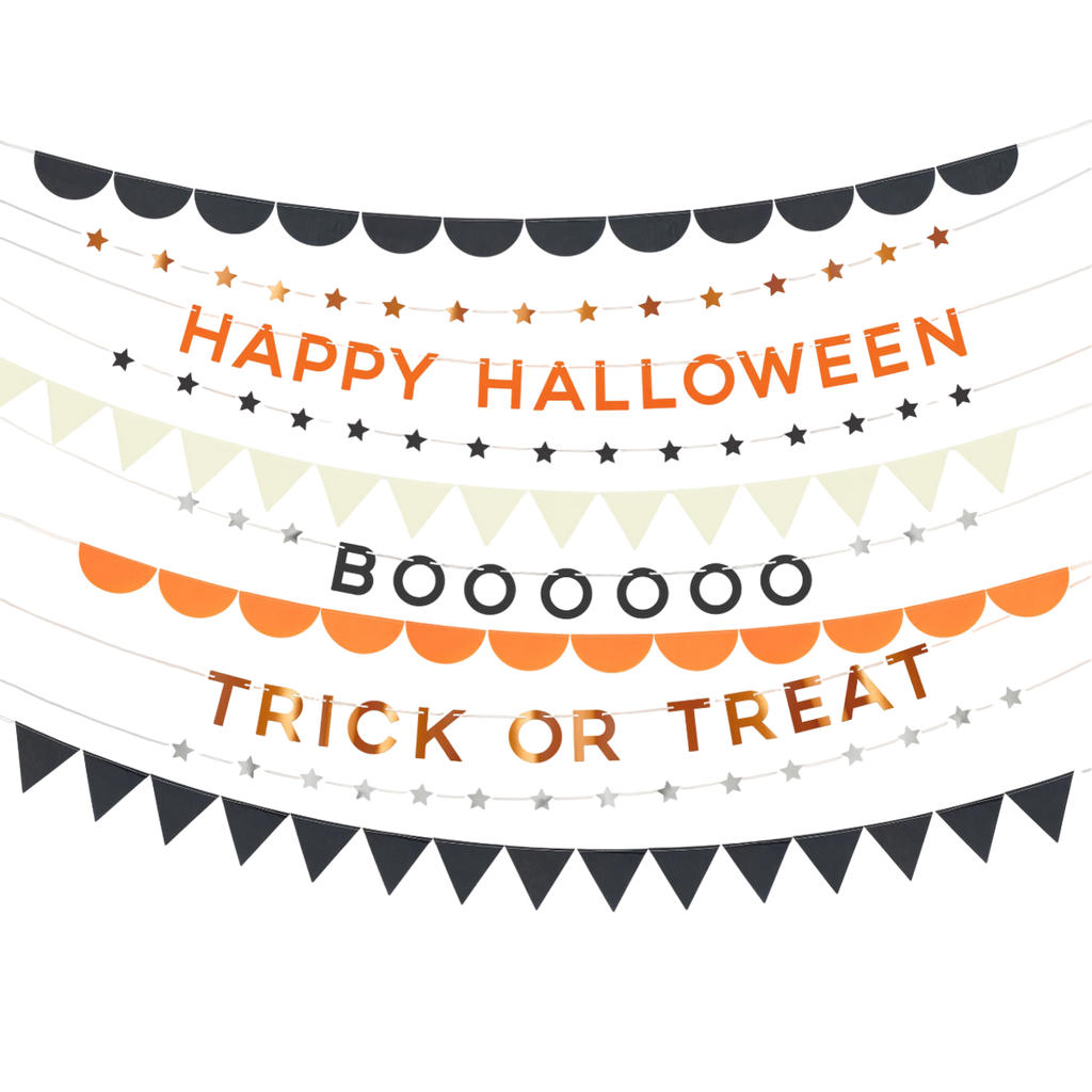 Halloween banners with festive phrases like "Happy Halloween," "Boooooo," and "Trick or Treat" in orange and black on a white background.