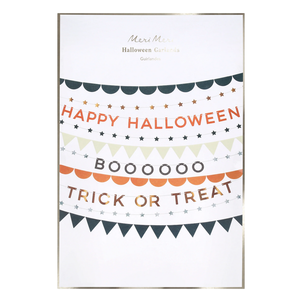 Halloween garland packaging with festive banners. Texts: "HAPPY HALLOWEEN," "BOOOOOO," and "TRICK OR TREAT" in orange, black, and metallic tones.