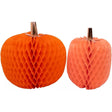 Two orange tissue paper honeycomb pumpkins with metallic copper stems on a white background.