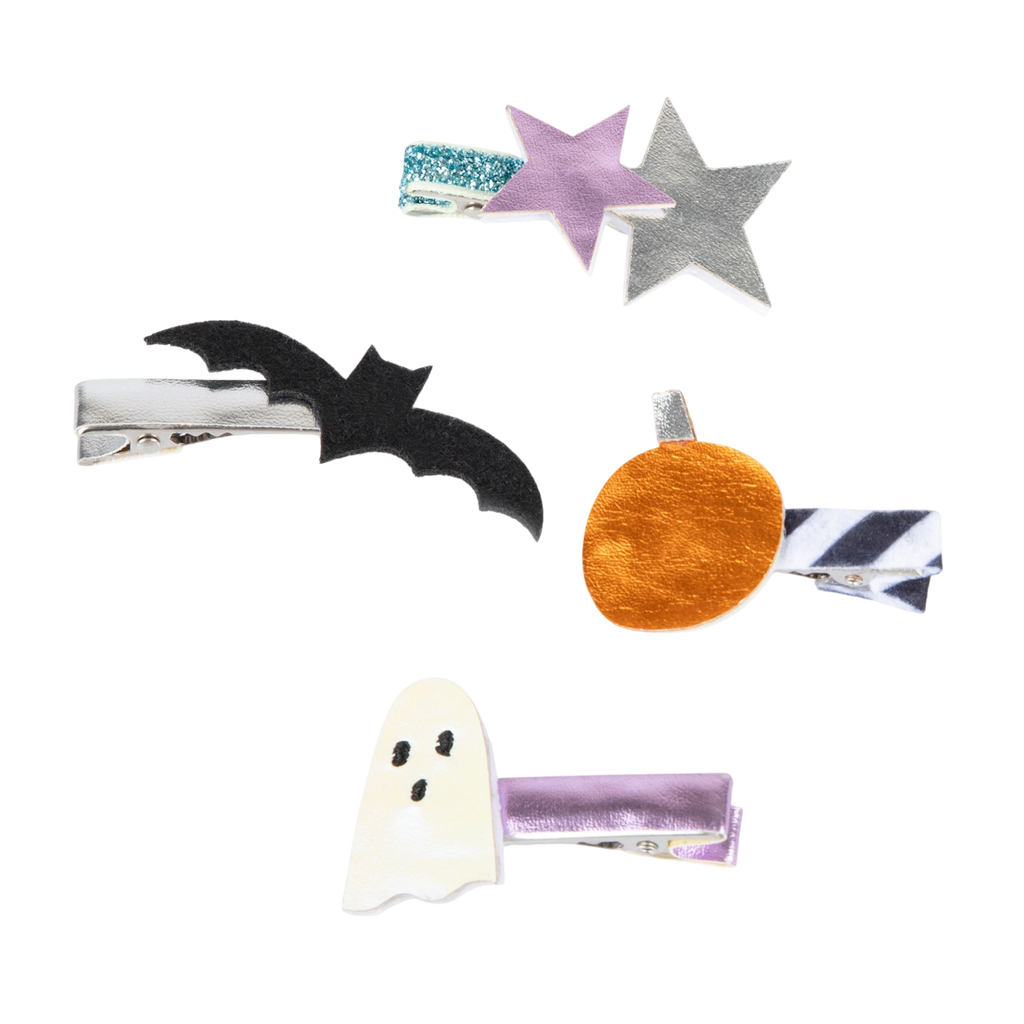 A set of four Halloween-themed hair clips on a white background. Clips feature a black bat, orange pumpkin, white ghost, and colorful stars. Festive and playful.