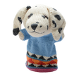 A knitted dog puppet with floppy, spotted ears wears a light blue sweater. The hem features colorful zigzag patterns, set against a white background.