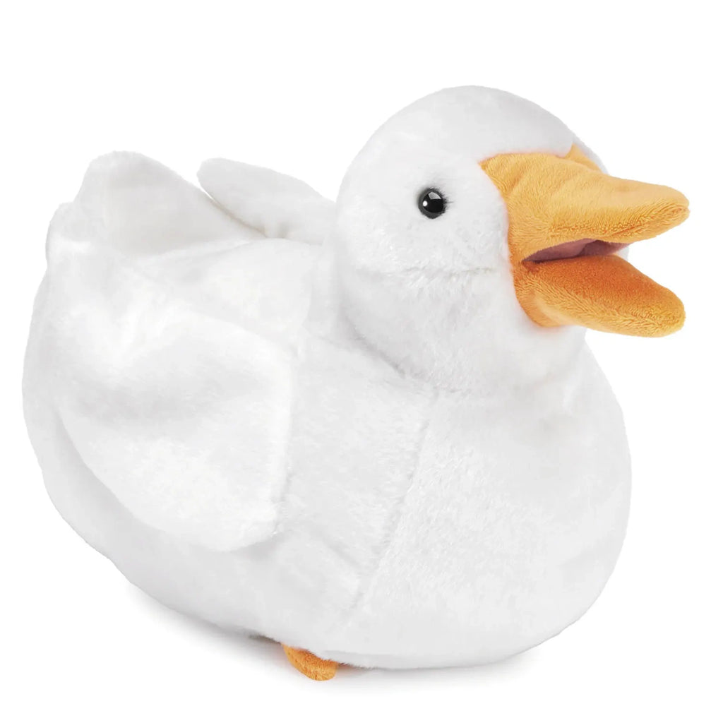 A plush toy duck with soft white fur and an orange beak, mouth slightly open. It has a round body, conveying a cute and cheerful appearance.