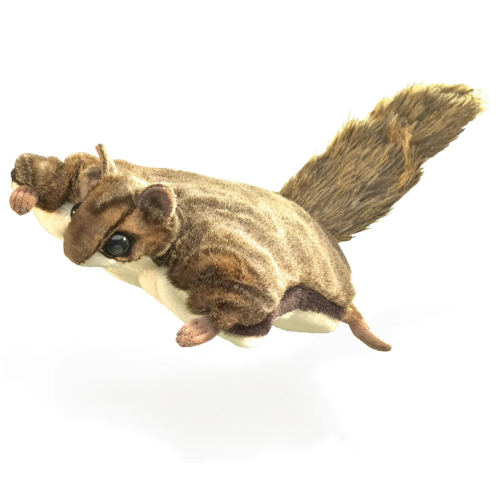 Plush flying squirrel toy with a fluffy tail and detailed facial features against a white background, conveying a sense of fun and whimsy.