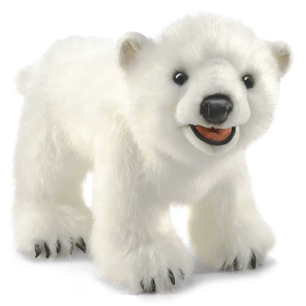 Fluffy polar bear stuffed animal with white fur and smiling expression. It has black eyes and nose, conveying a friendly and playful tone.
