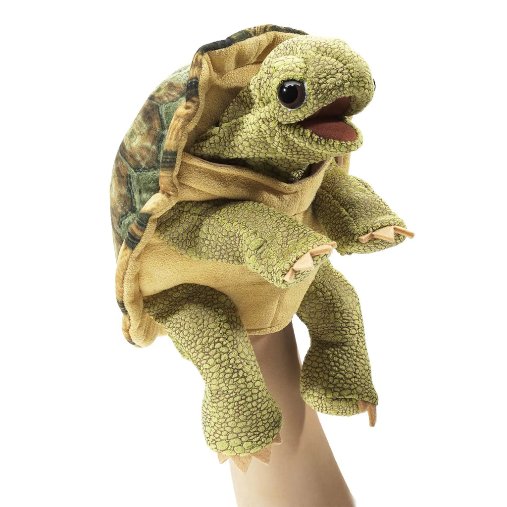 A plush turtle puppet with green textured fabric and a colorful shell is animated by a hand inside it. The turtle's expression is playful and inviting.