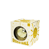 A gold disco ball packaged inside a white and yellow cardboard box against a white background.