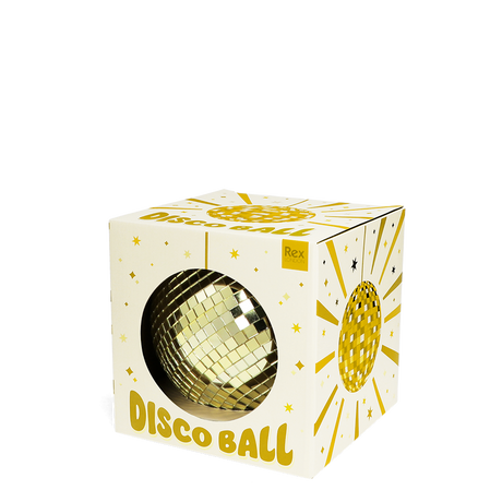 A gold disco ball packaged inside a white and yellow cardboard box against a white background.