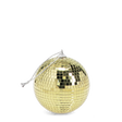 Gold mirror disco ball ornament with a silver hanging loop on a white background.