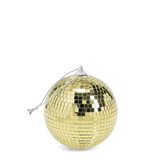 Gold mirror disco ball ornament with a silver hanging loop on a white background.