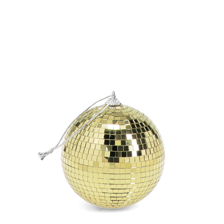 Gold mirror disco ball ornament with a silver hanging loop on a white background.